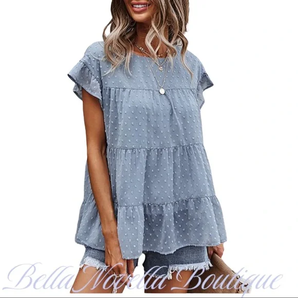 Blue Swiss Dot Tiered Blouse - Picture 3 of 8